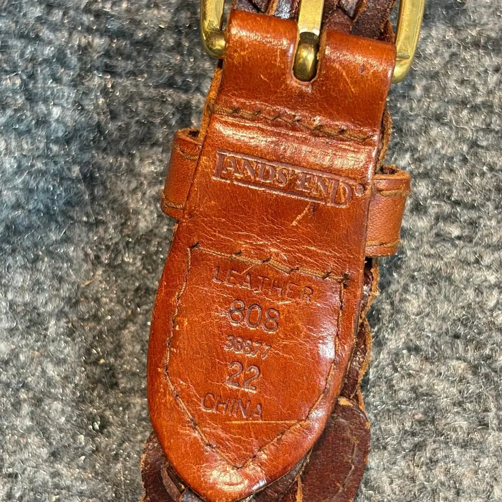 Lands' End Youth Brown Braided Leather Belt Solid Brass Buckle Size M 24-26